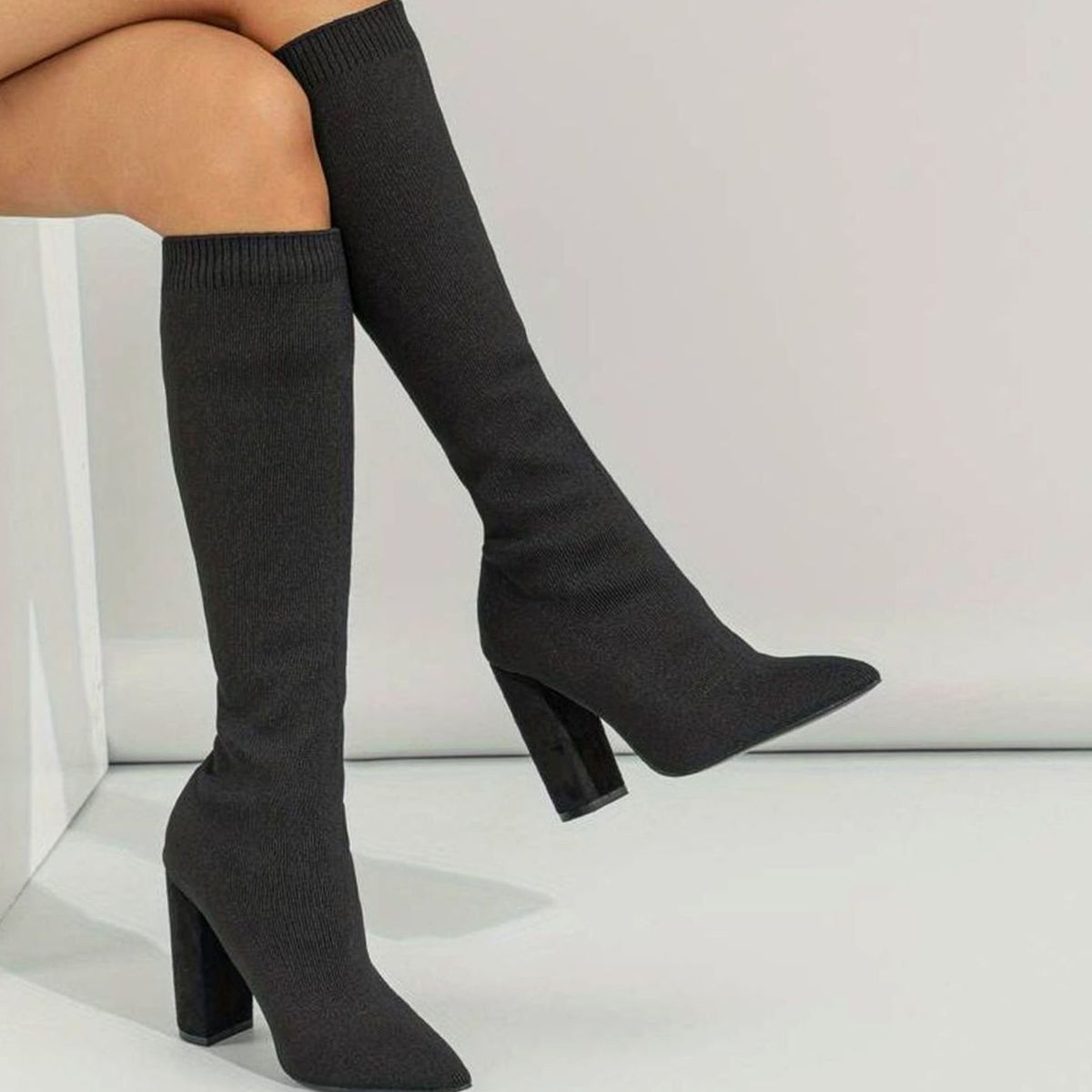 Women's Stretchy Knit Pointed-Toe Sock Boots – Black