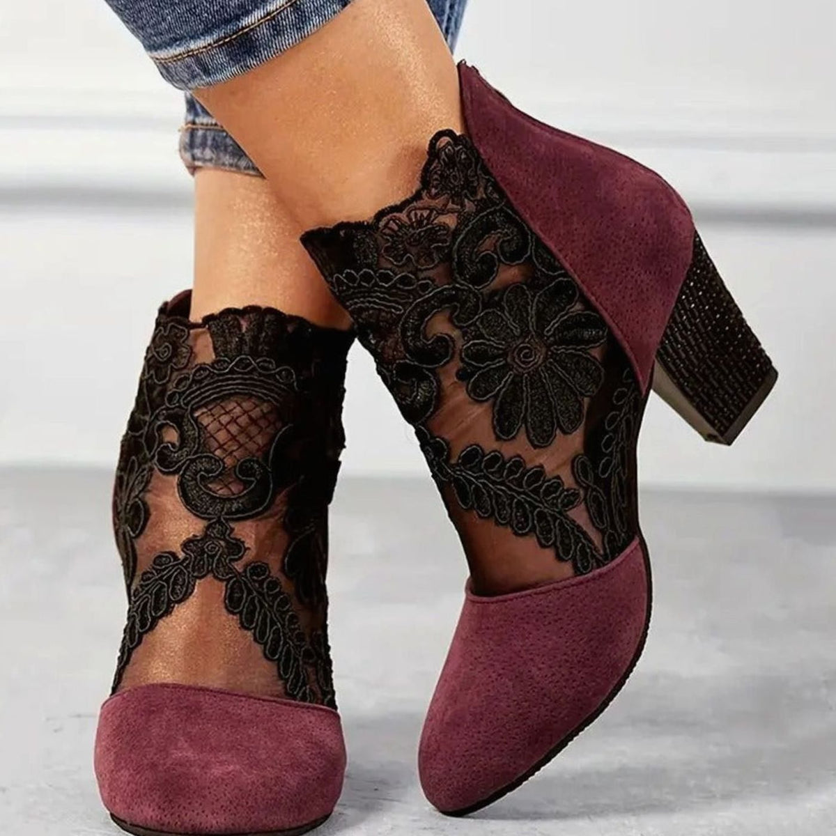 Women's Flower-Print Lace-Detail Embroidery-Detail Block-Heel Boots – view 2
