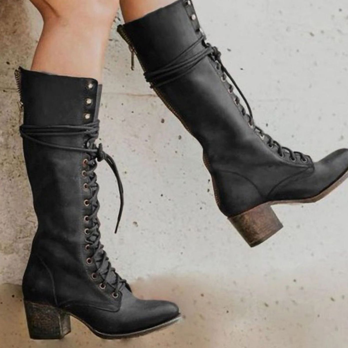 Women's Eyelet-Lace Leather-Look Knee-High Boots – Black
