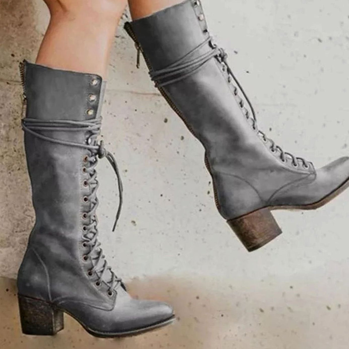 Women's Eyelet-Lace Leather-Look Knee-High Boots – Gray