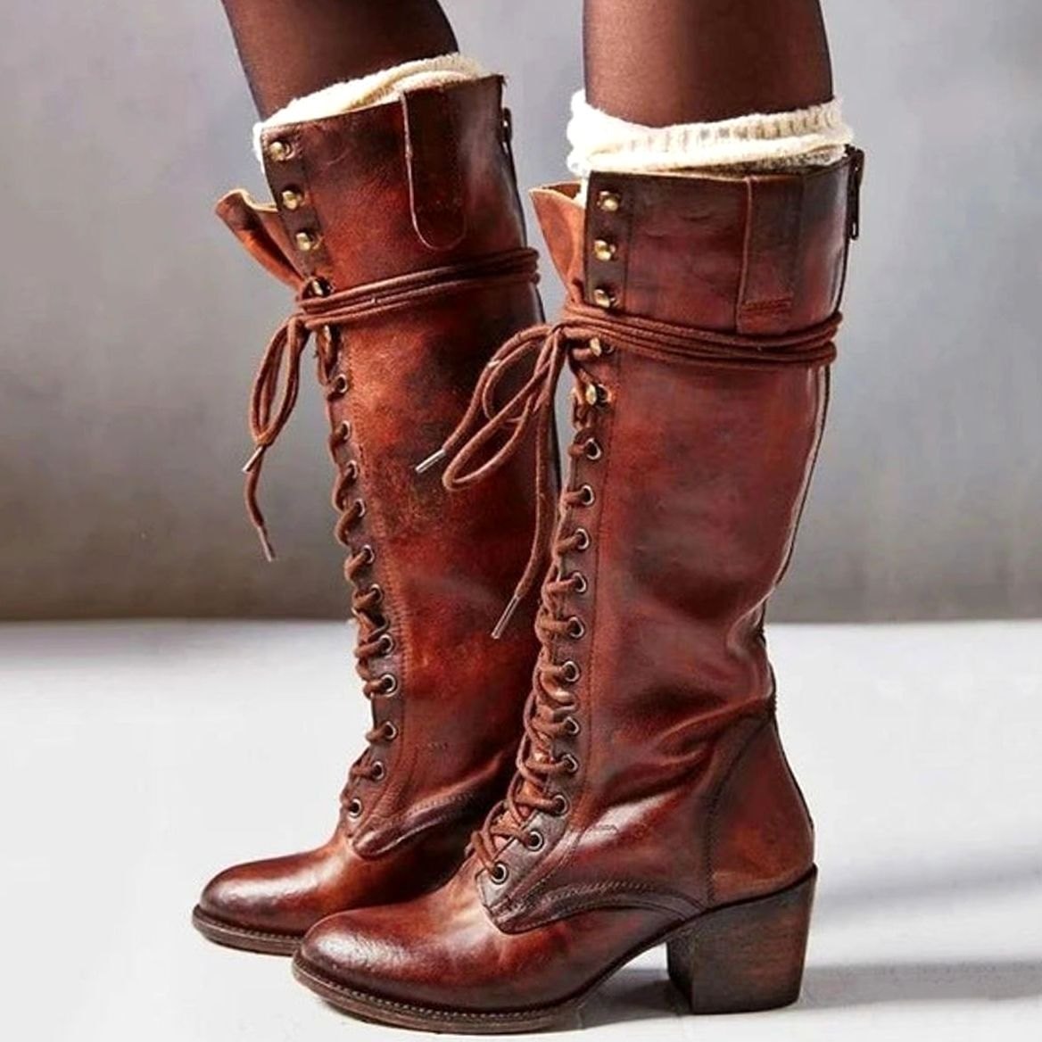 Women's Eyelet-Lace Leather-Look Knee-High Boots – view 4