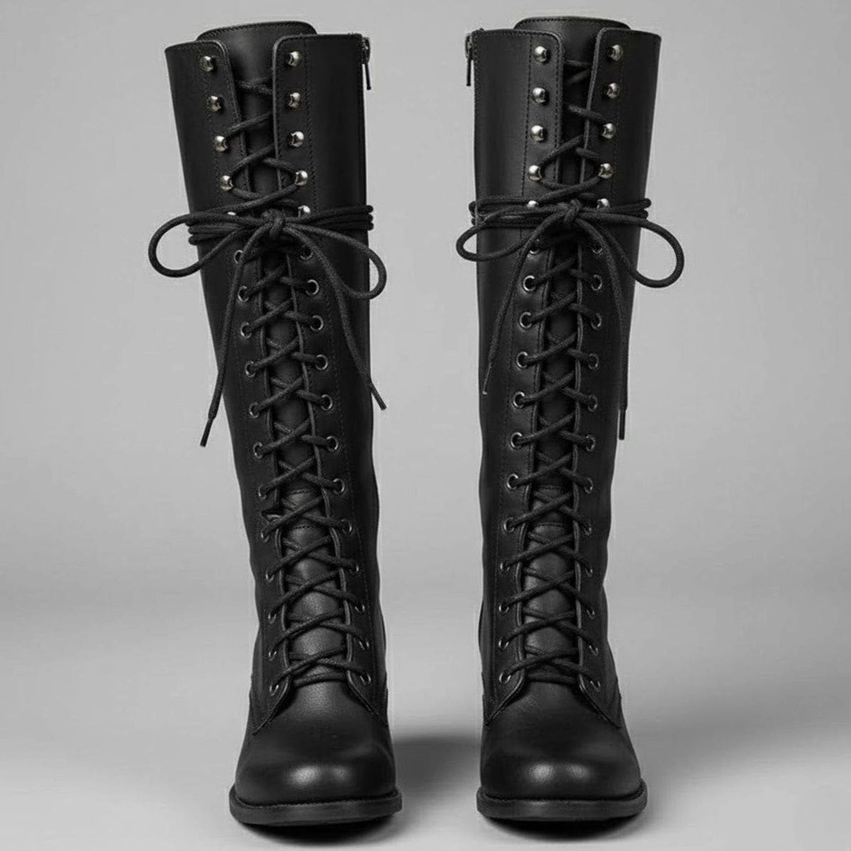 Women's Tie-Front Studded Knee-High Boots – Black