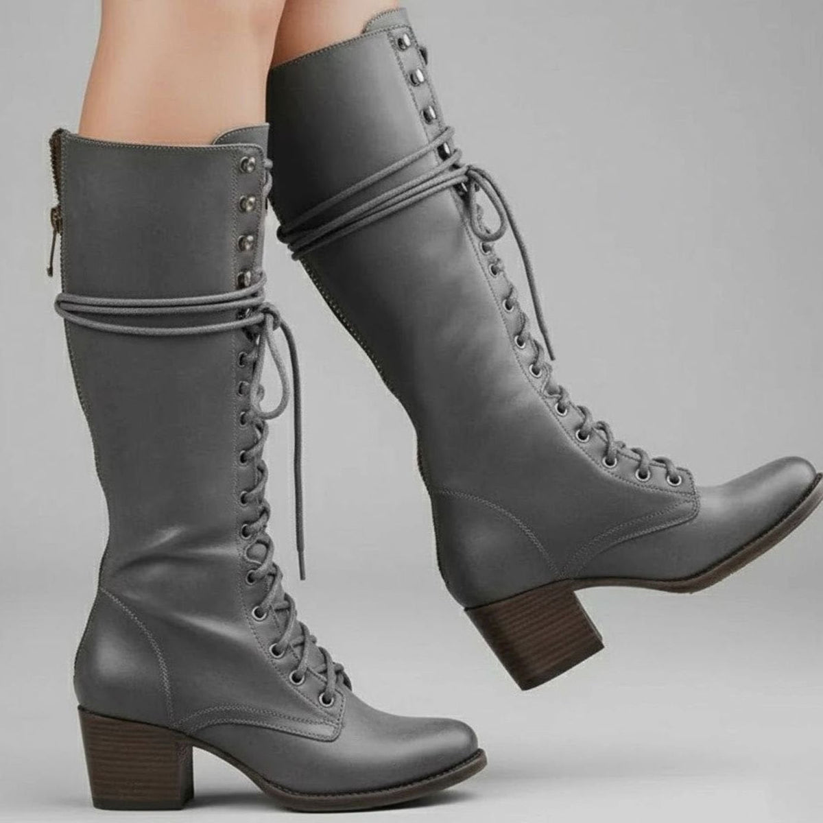 Women's Tie-Front Studded Knee-High Boots – Gray