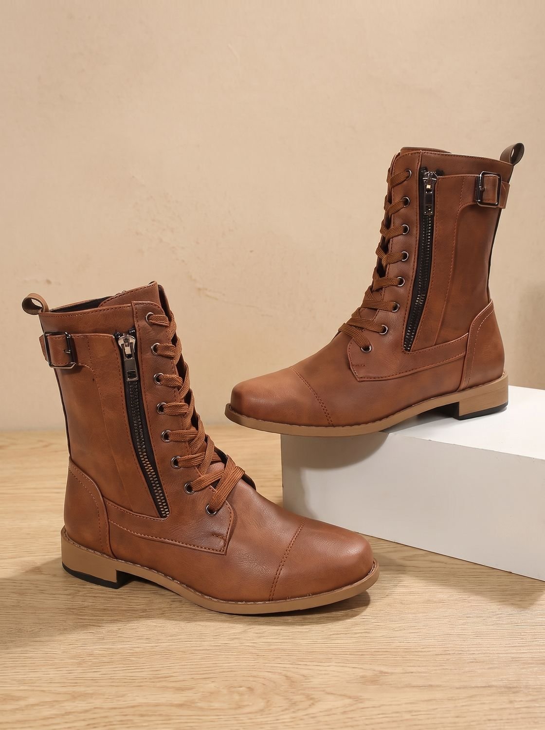 Women's Round-Toe Side-Zip Mid-Calf Combat Boots for Walking – view 2