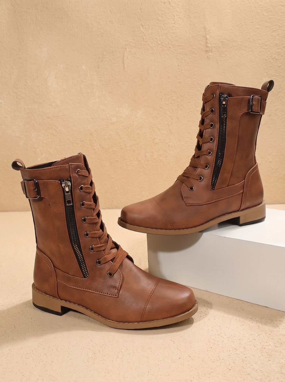 Women's Round-Toe Side-Zip Mid-Calf Combat Boots for Walking – Brown
