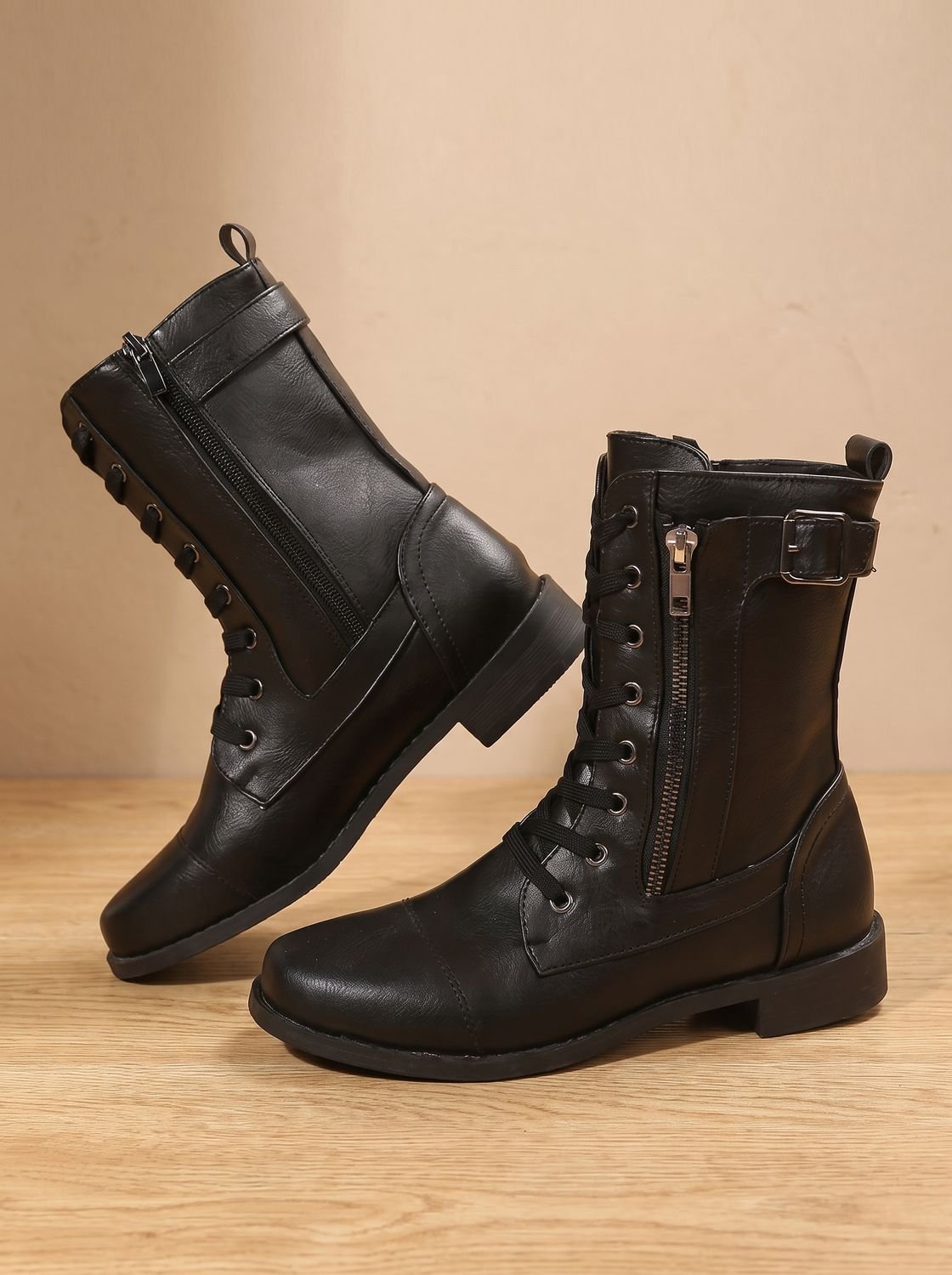 Women's Round-Toe Side-Zip Mid-Calf Combat Boots for Walking – Black