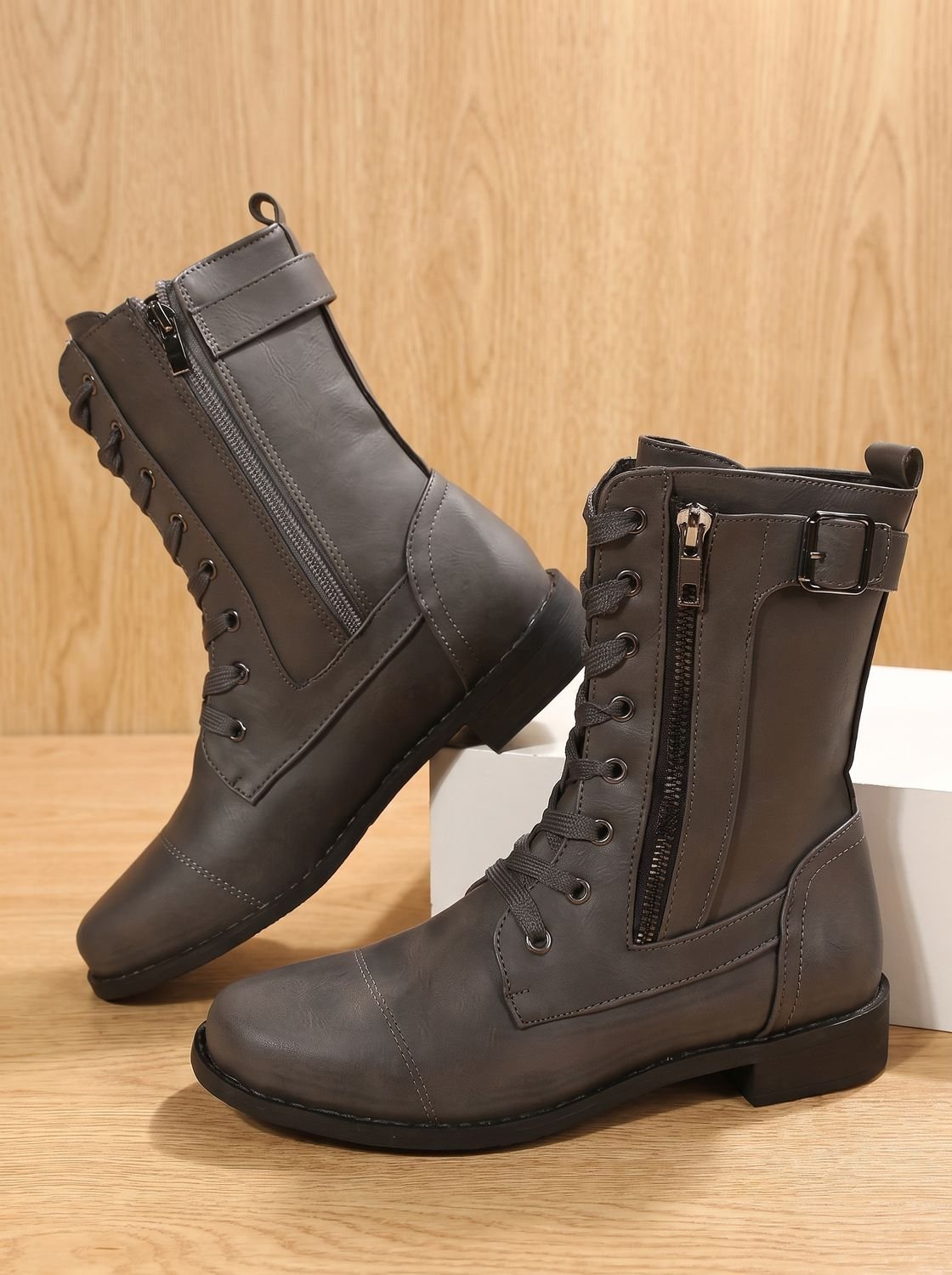 Women's Round-Toe Side-Zip Mid-Calf Combat Boots for Walking – view 3