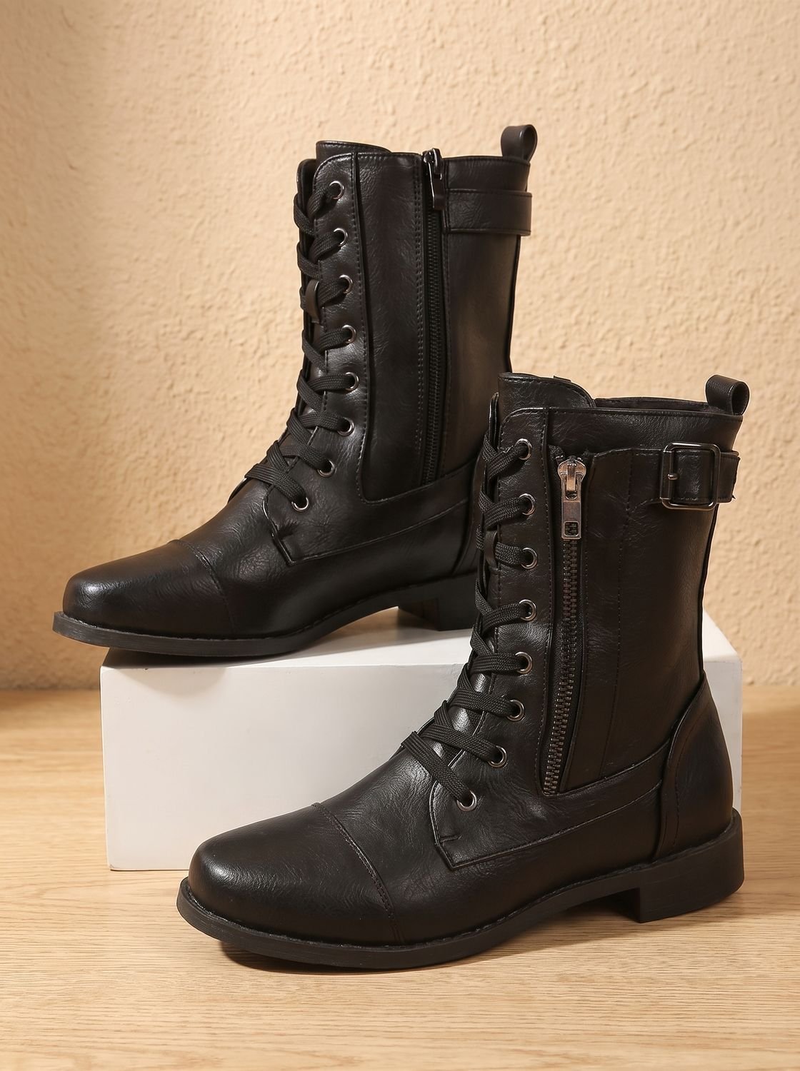 Women's Round-Toe Side-Zip Mid-Calf Combat Boots for Walking – view 4