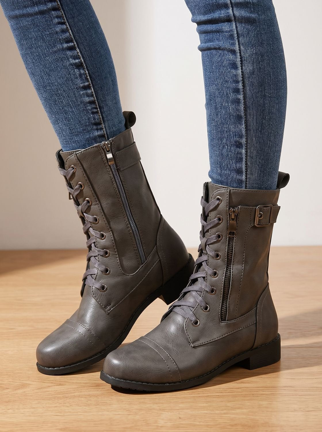 Women's Round-Toe Side-Zip Mid-Calf Combat Boots for Walking – view 1