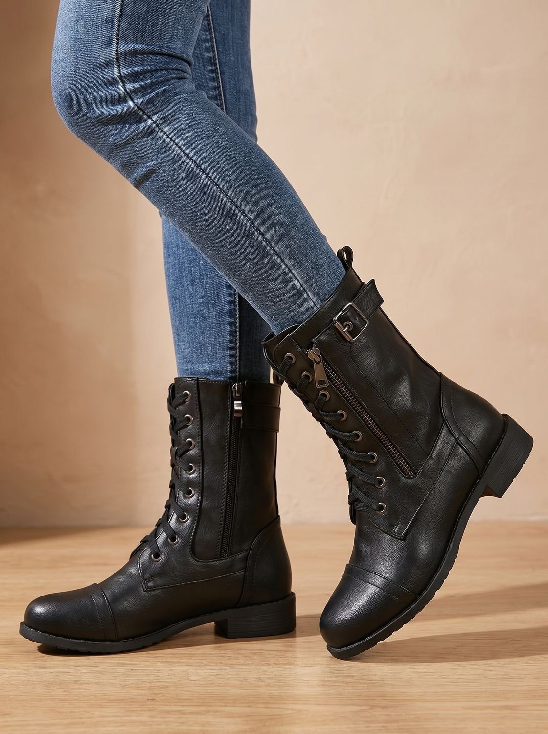 Women's Round-Toe Side-Zip Mid-Calf Combat Boots for Walking – view 5