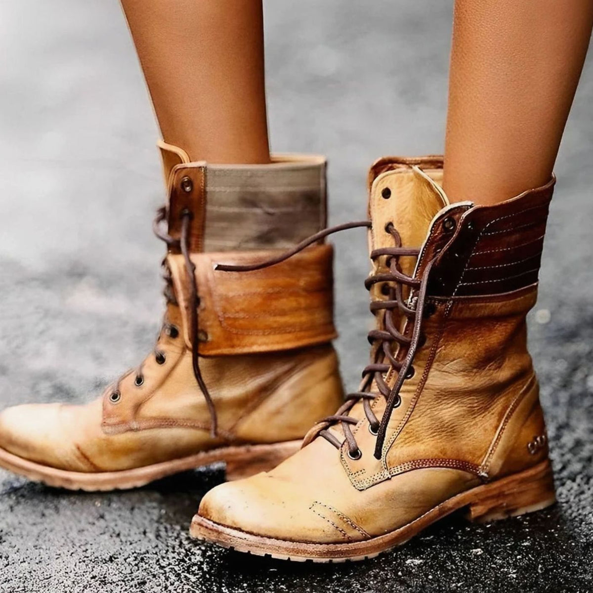 Women's Distressed Foldover Cuff Combat Boots for Weekends – Khaki