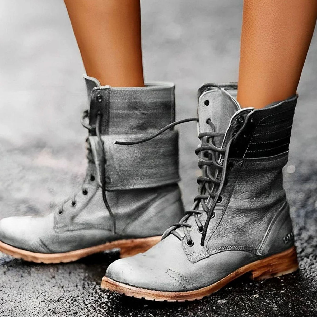 Women's Distressed Foldover Cuff Combat Boots for Weekends – Gray