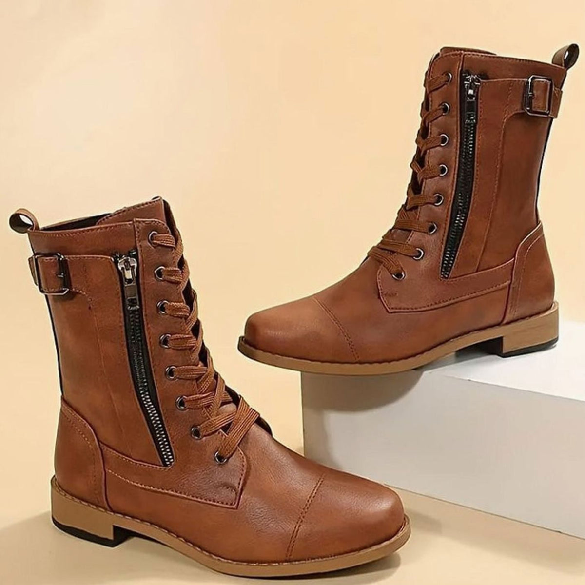 Women's Mid-Calf Leather-Look Combat Boots – Brown
