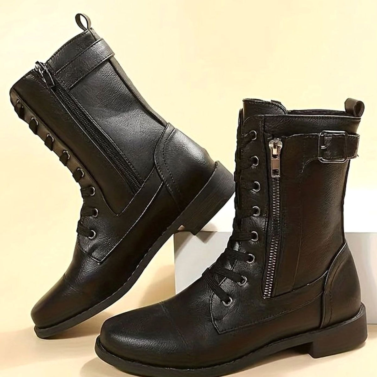 Women's Mid-Calf Leather-Look Combat Boots – Black