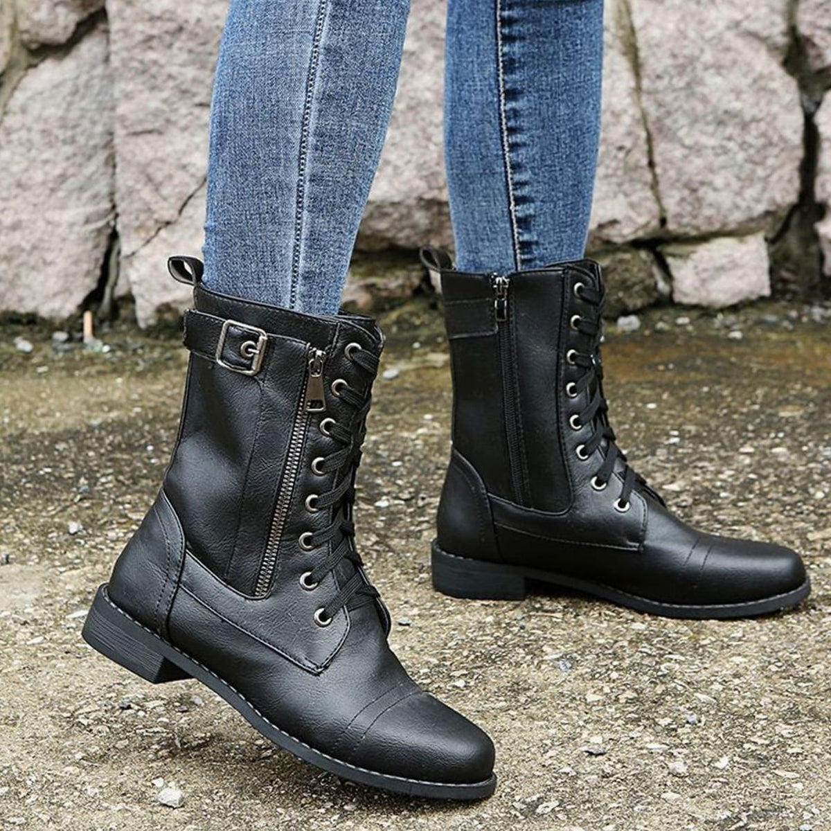 Women's Mid-Calf Leather-Look Combat Boots – view 5