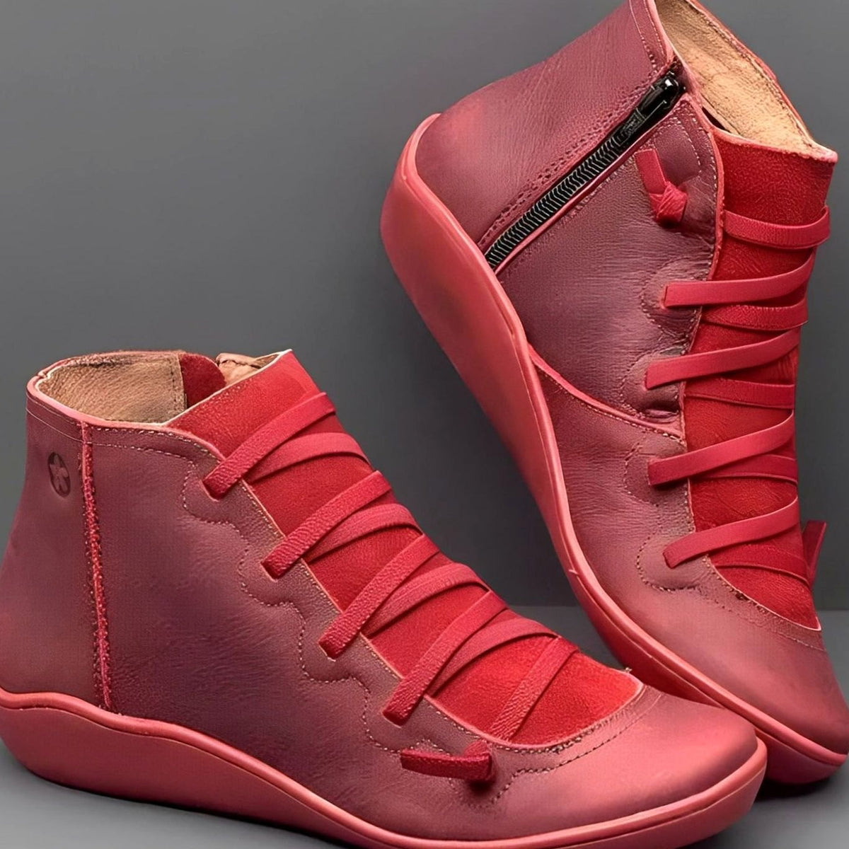 Women's Tie-Front Side-Zip Flat-Sole Booties – Red