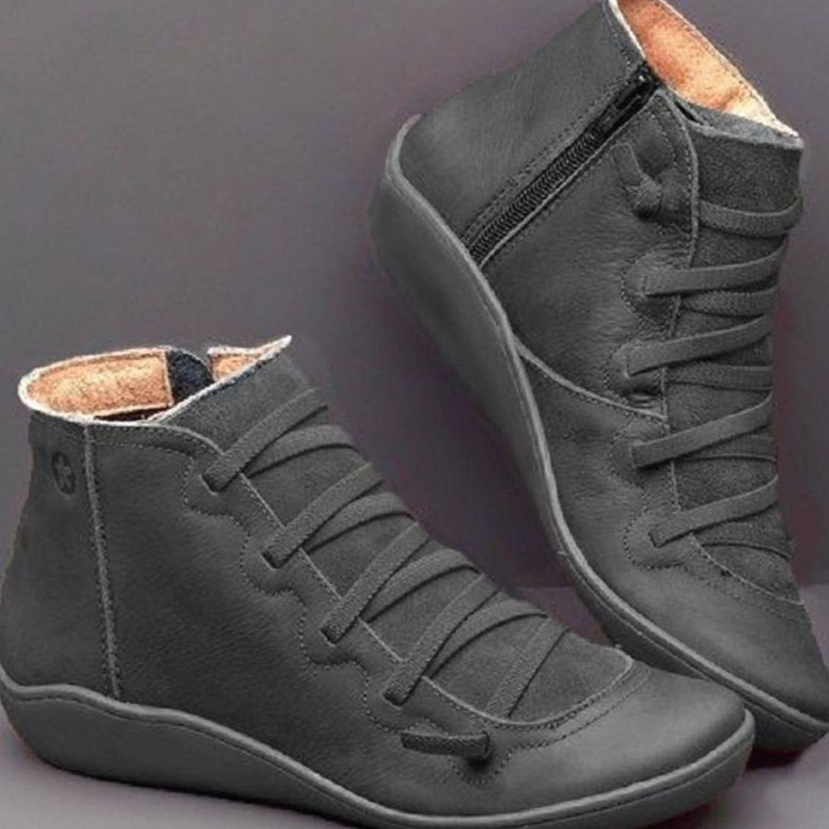 Women's Tie-Front Side-Zip Flat-Sole Booties – Black