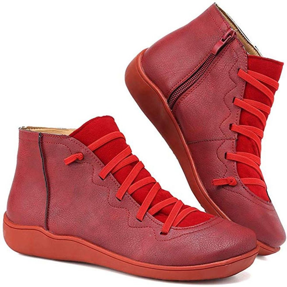 Women's Laced Side-Zip Leather Booties – Red