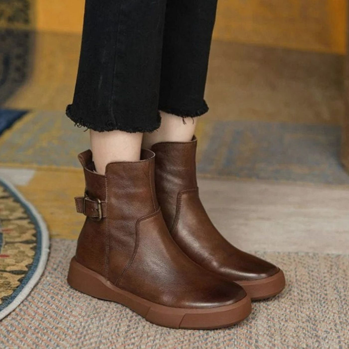 Women's Leather Buckle-Detail Platform-Sole Booties – Brown