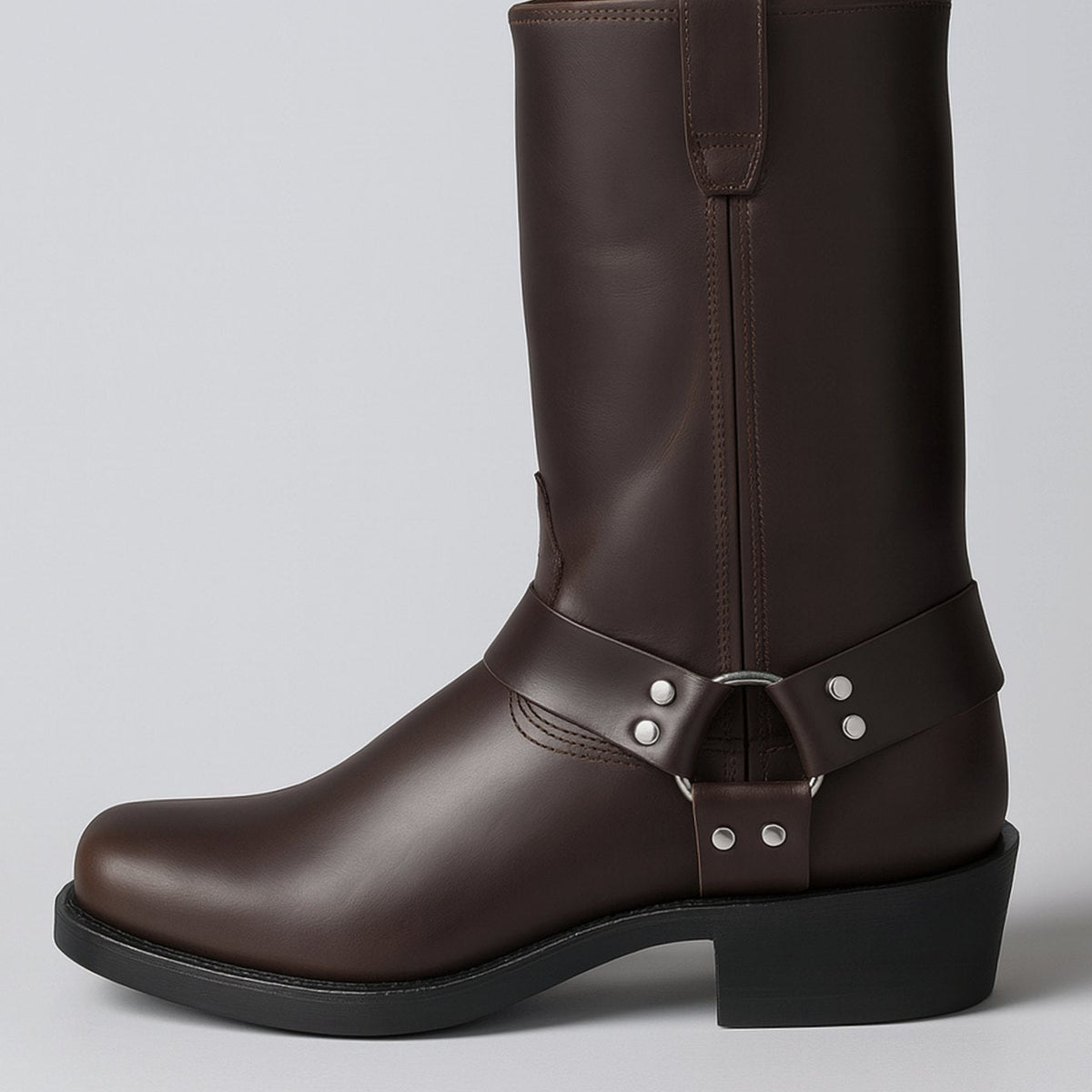Women's Square-Toe Leather Western Harness Boots for Winter – Dark Brown