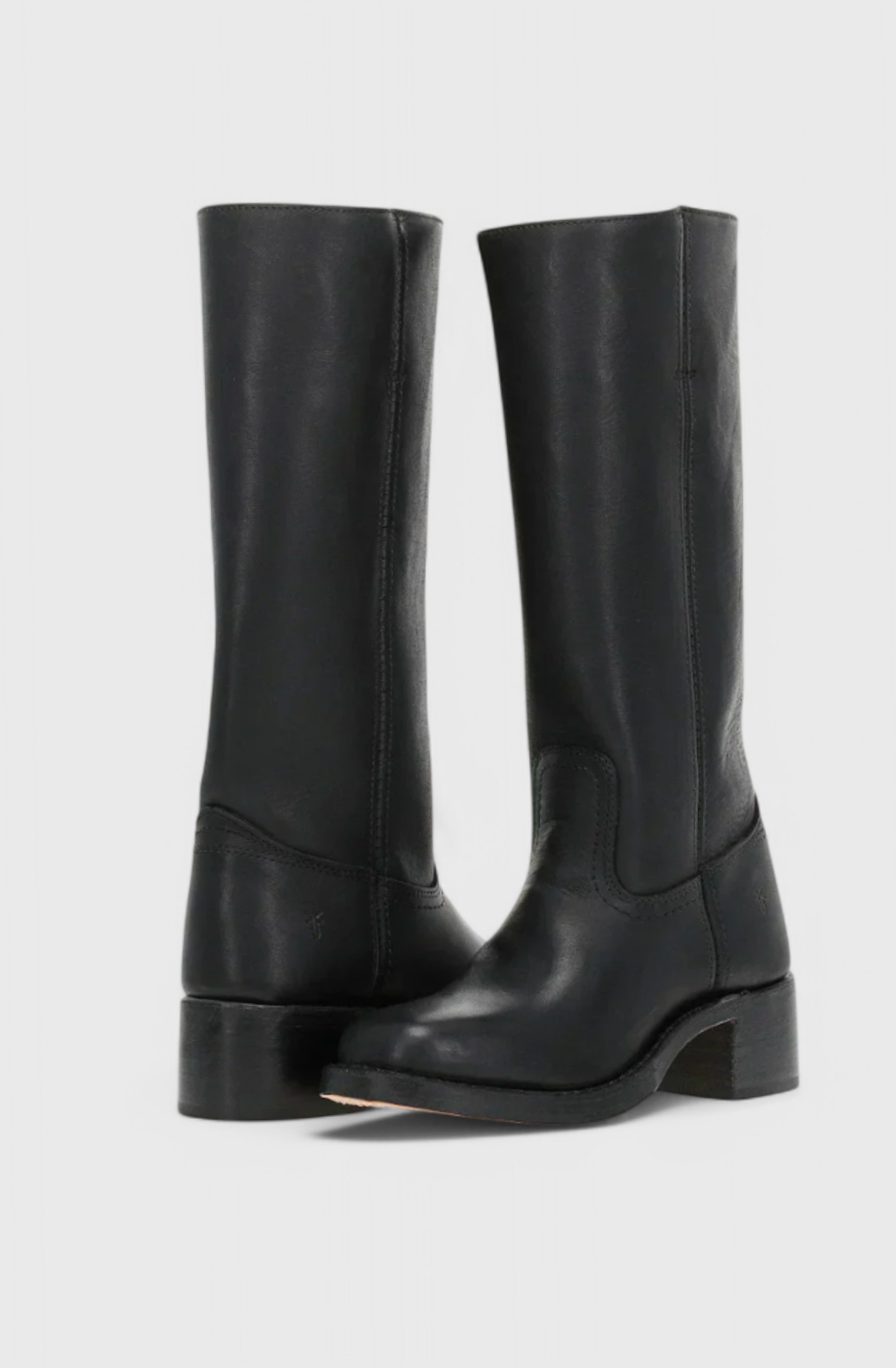Women's Smooth Leather Stacked-Heel Tall Boots for Weekends – Black