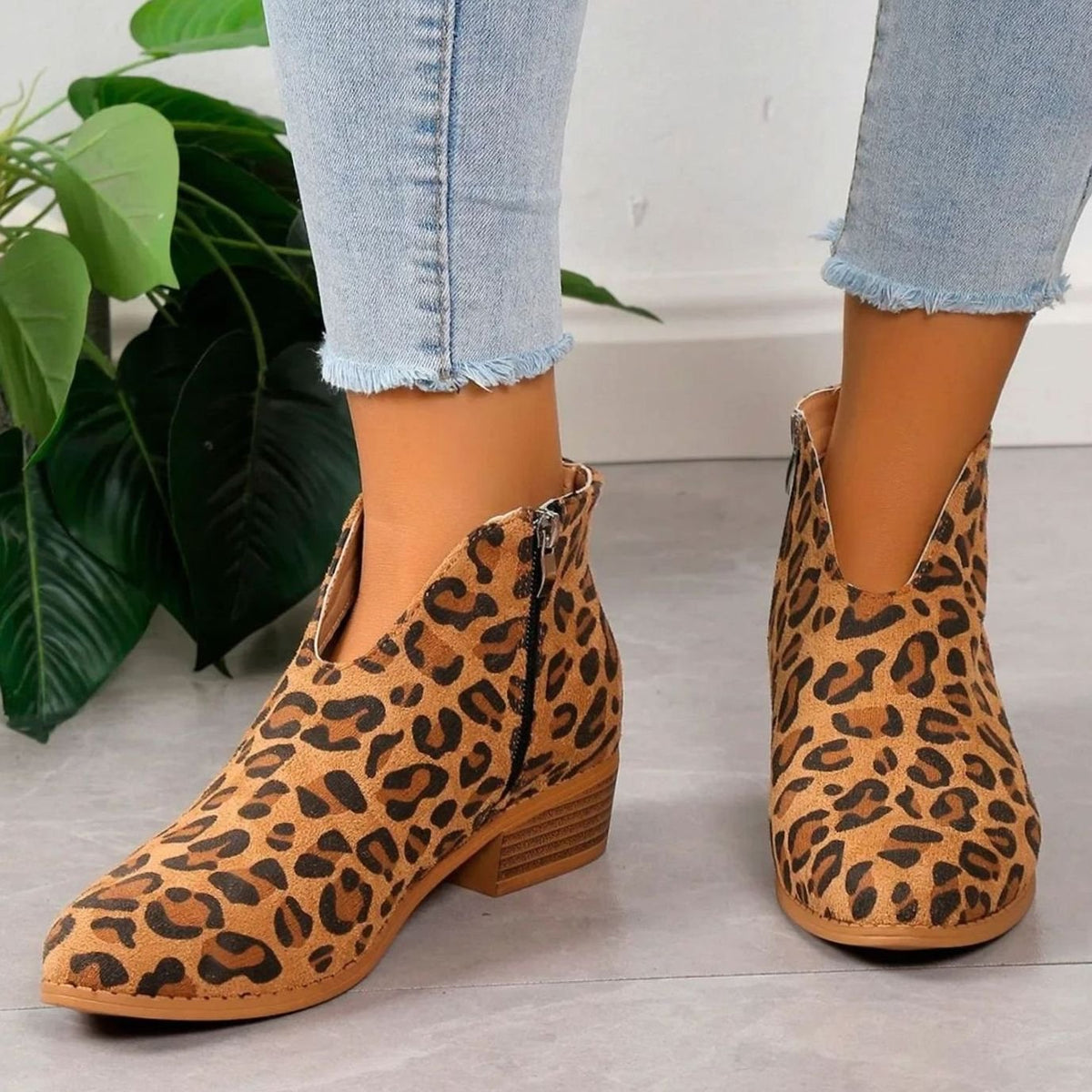 Women's Leopard Print Side-Zip Block-Heel Boots for Work – view 1