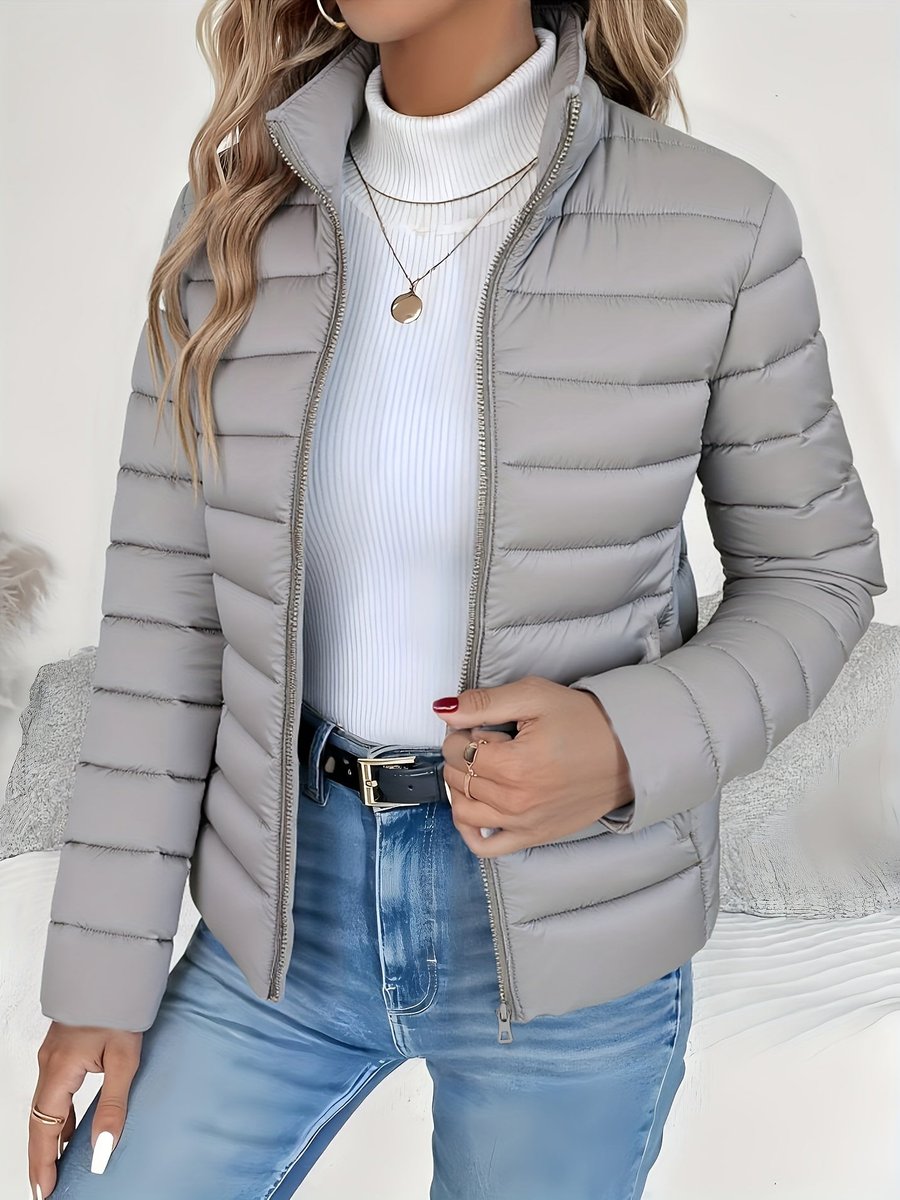 Women's Light-Weight Padded Puffer Coat with Stand Collar – Gray