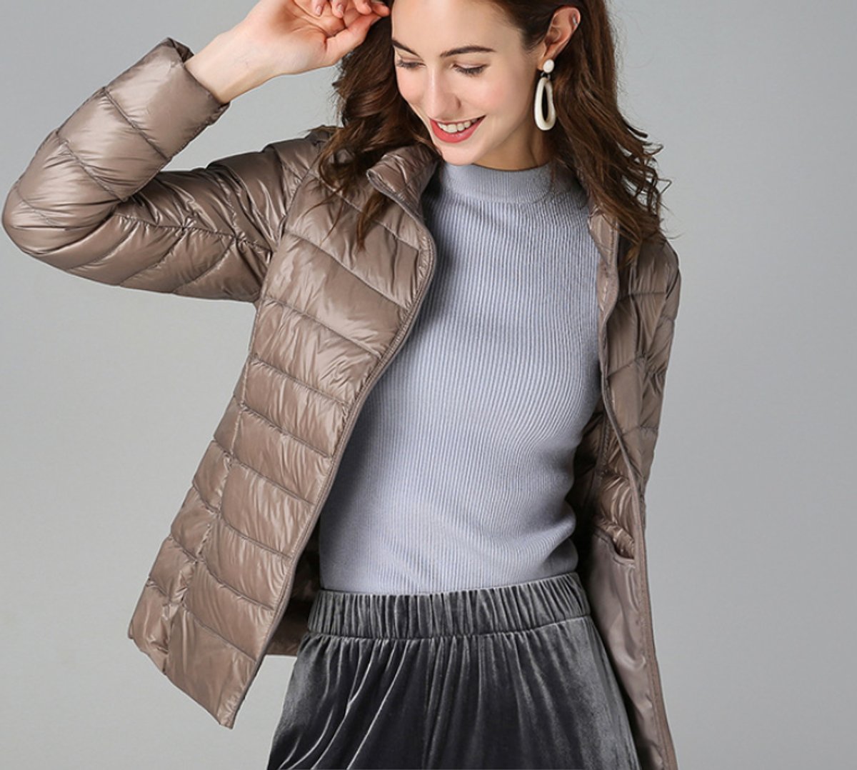 Women's Light-Weight Padded Puffer Coat with Stand Collar – Khaki