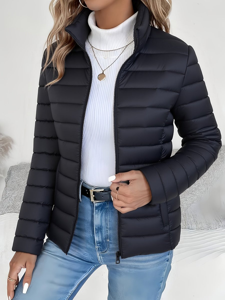 Women's Light-Weight Padded Puffer Coat with Stand Collar – Black