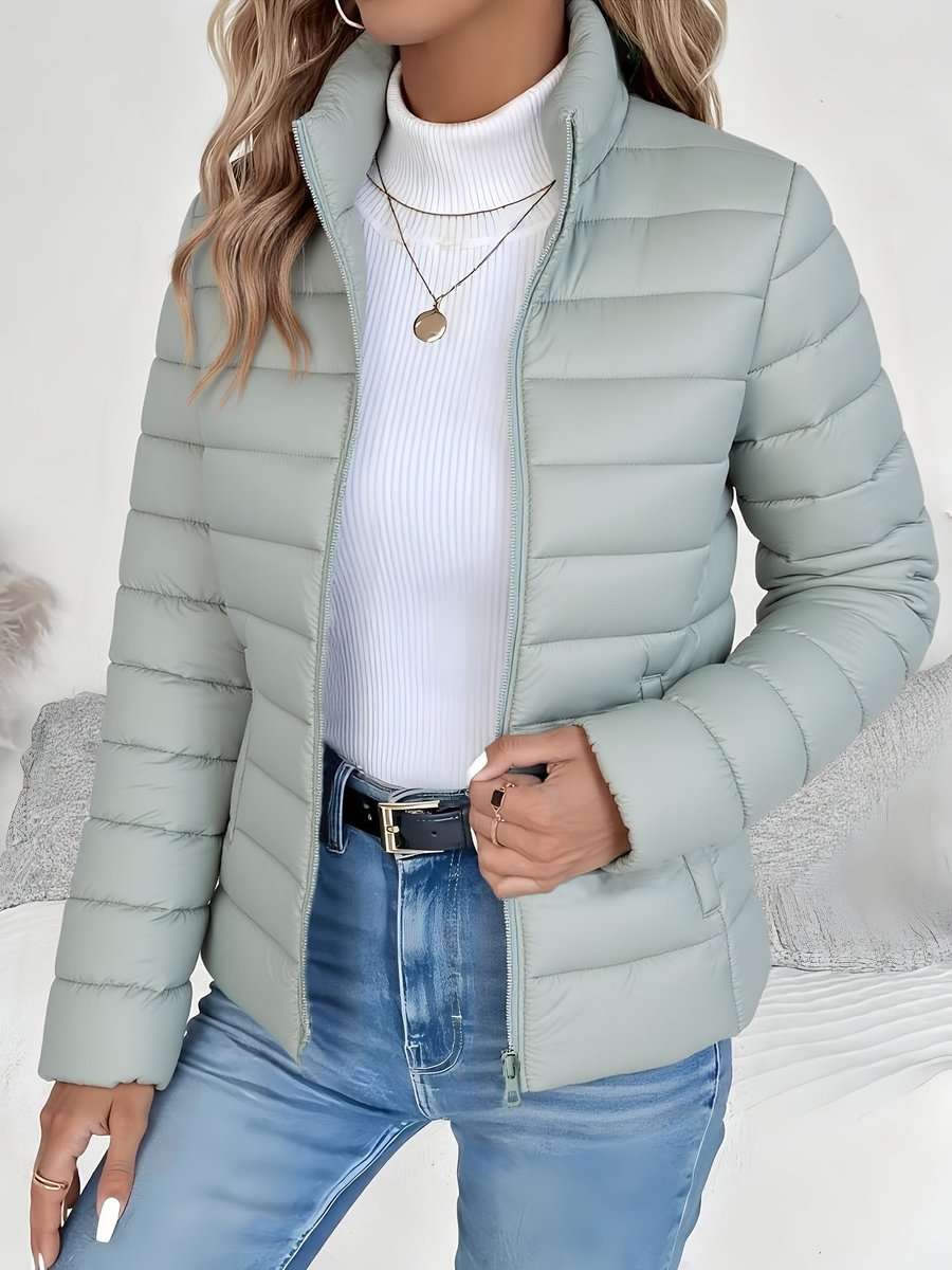 Women's Light-Weight Padded Puffer Coat with Stand Collar – Sage Green