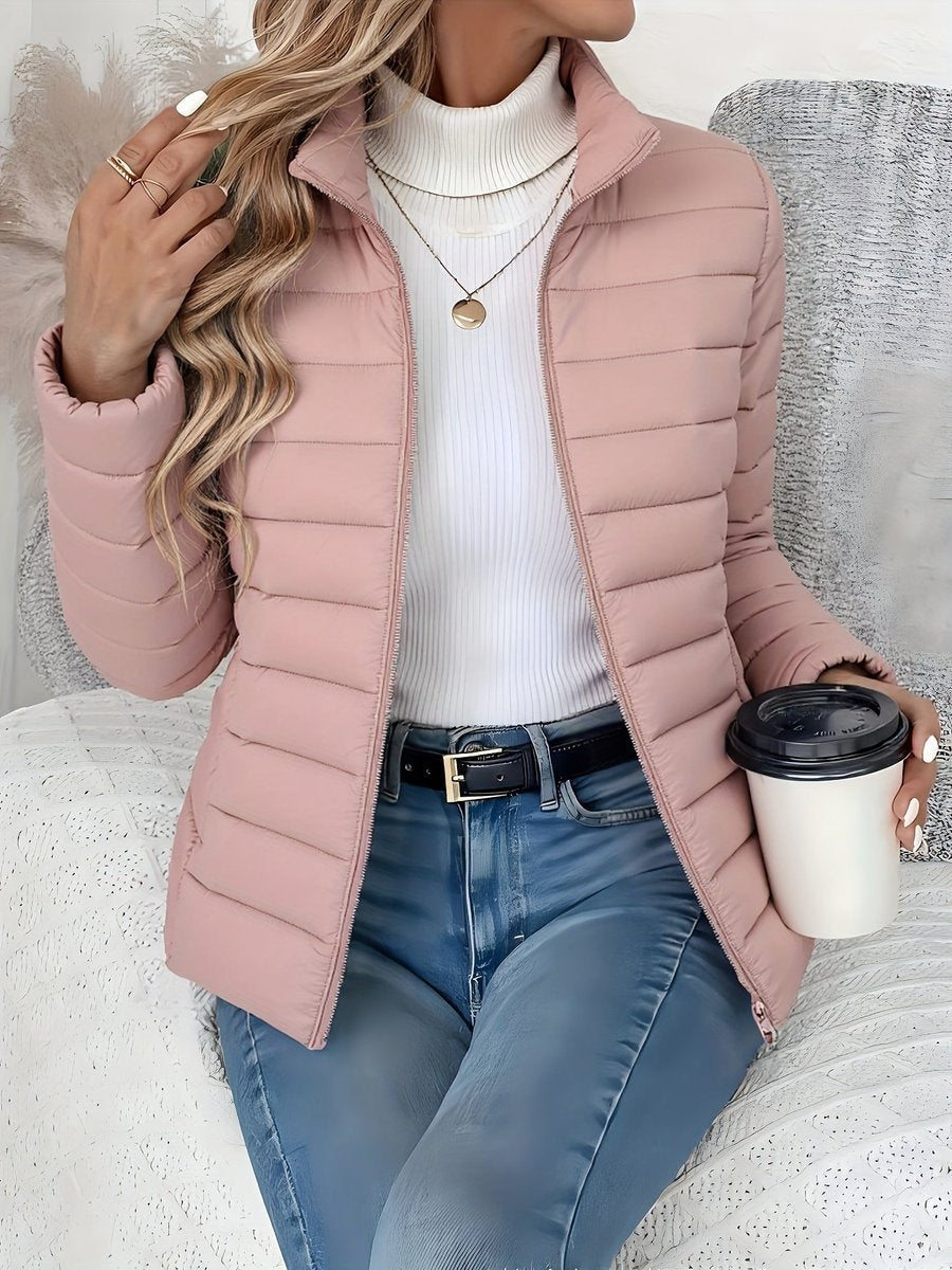 Women's Light-Weight Padded Puffer Coat with Stand Collar – Pink