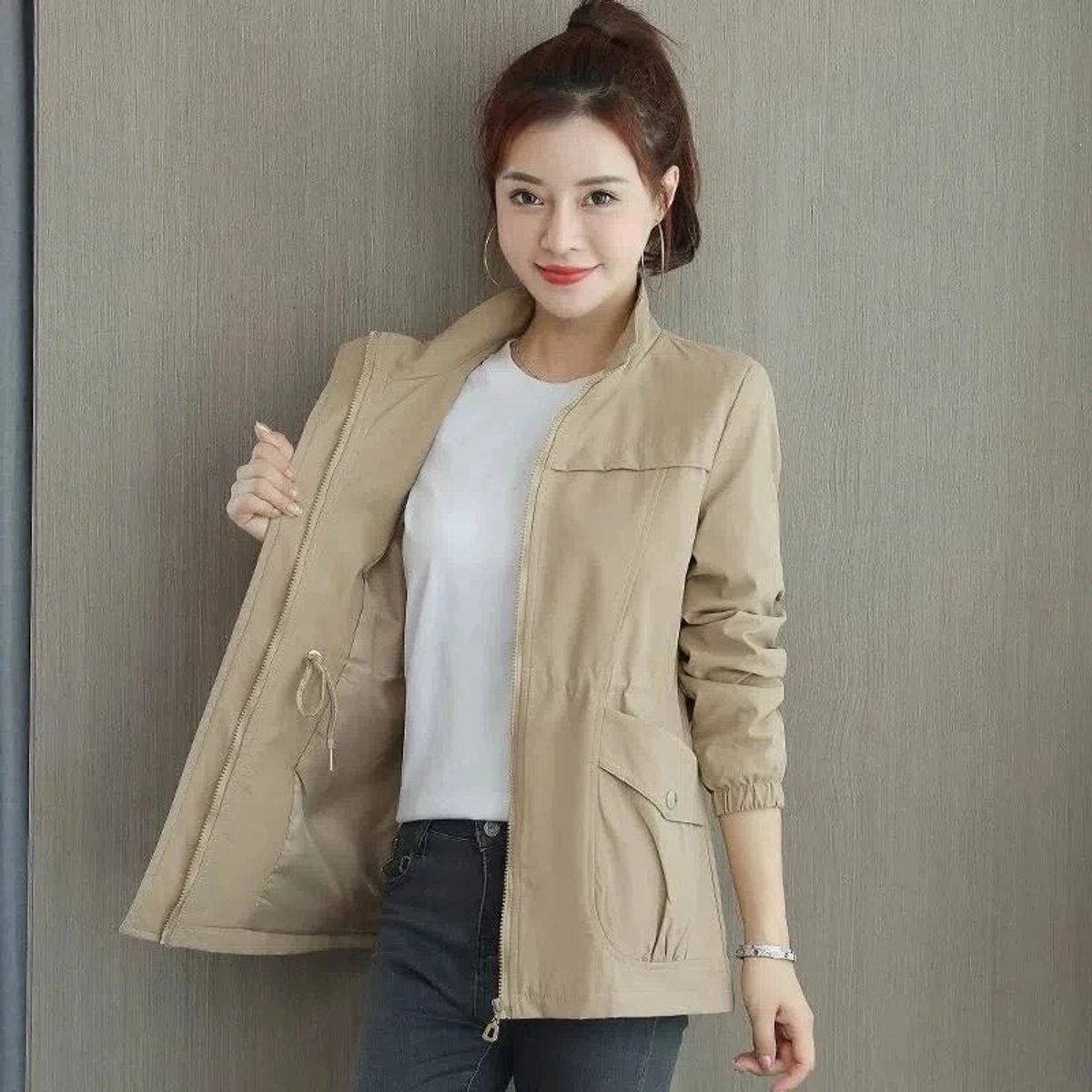 Women's Light-Weight Tie-Waist Bomber Jacket – Khaki