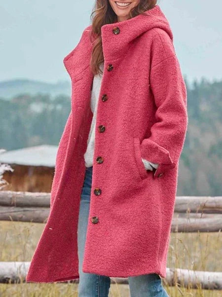 Women's Long Hood-Detail Fleece Coat – Pink
