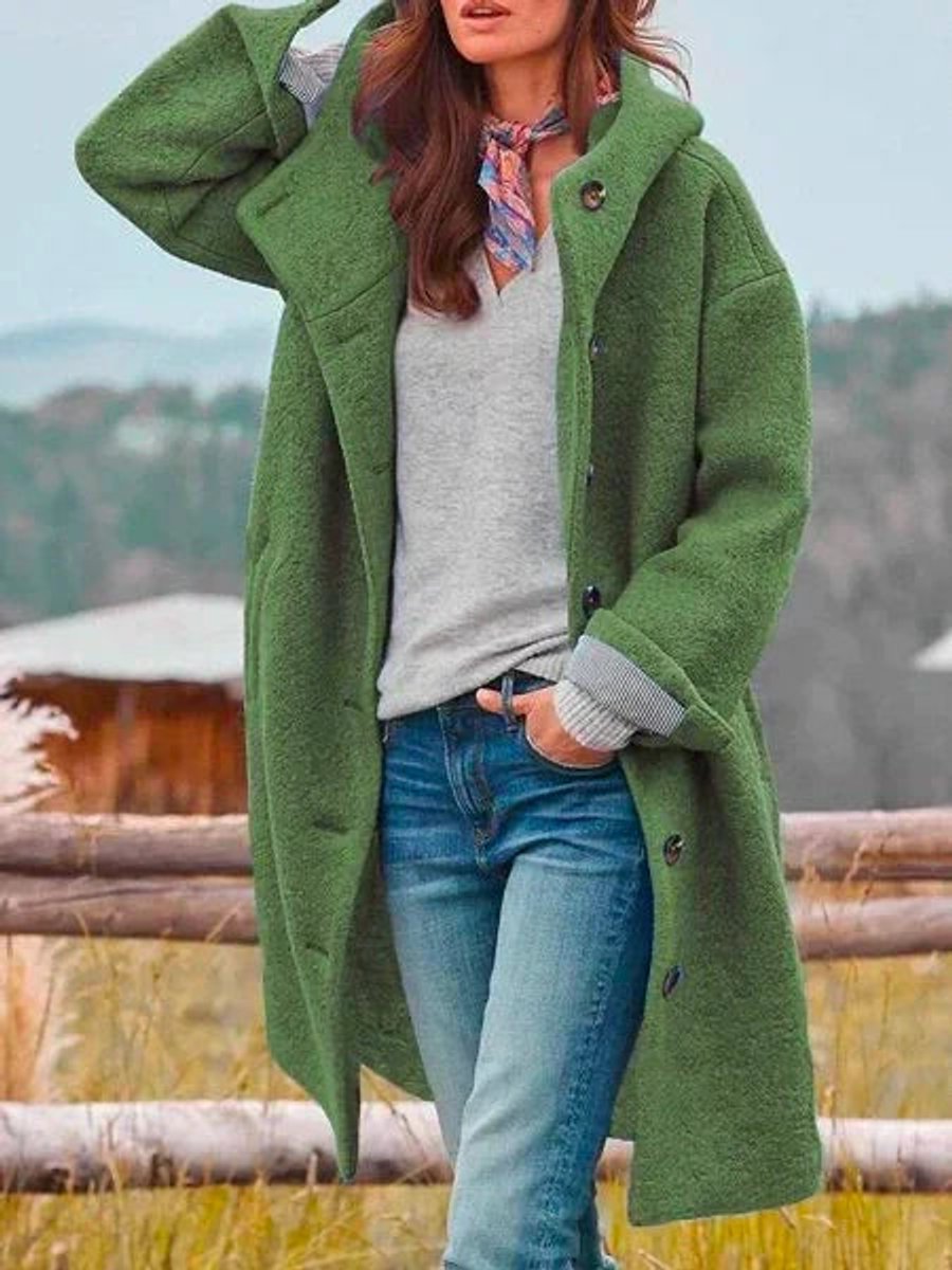 Women's Long Hood-Detail Fleece Coat – Dark Green