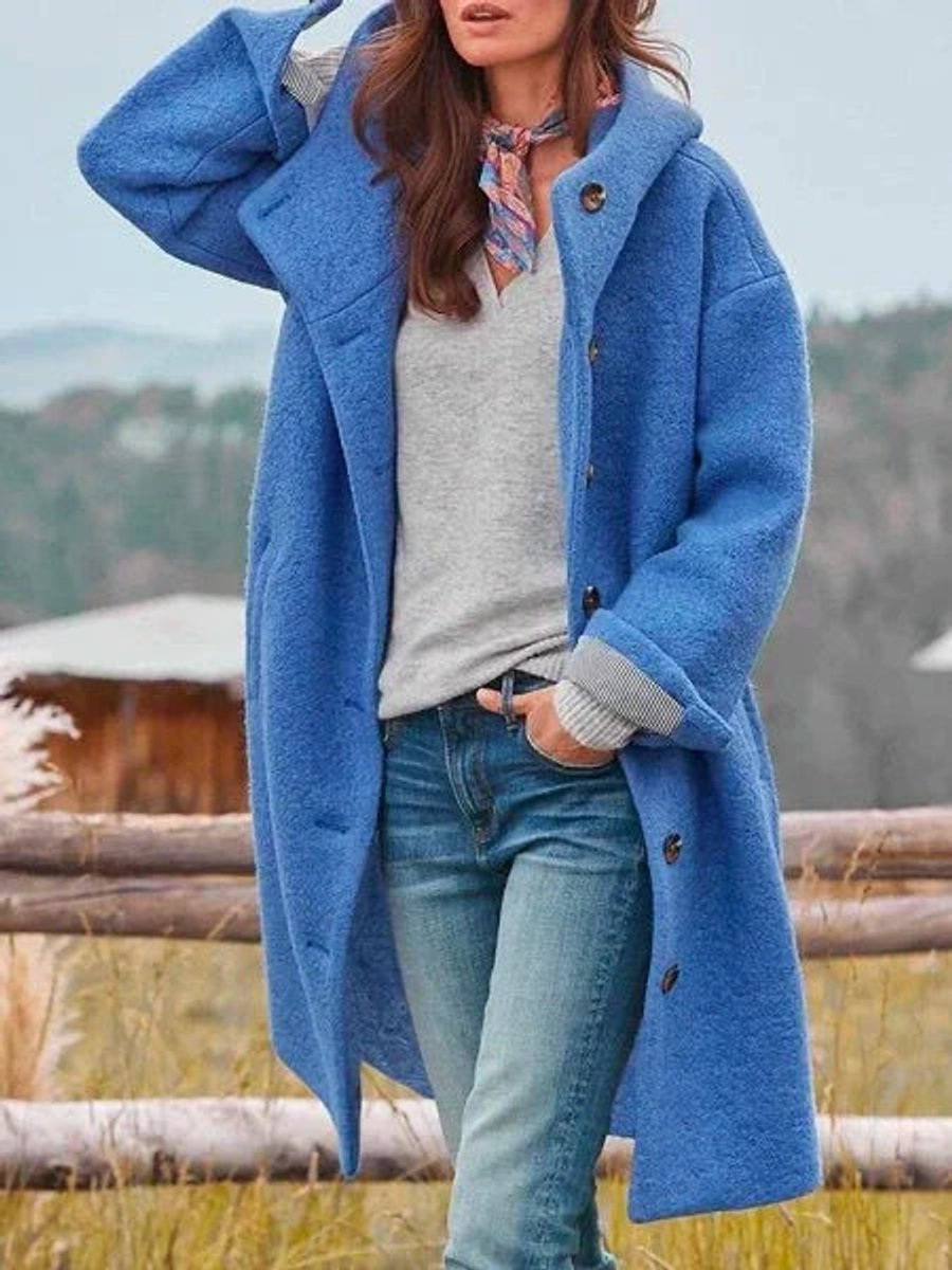 Women's Long Hood-Detail Fleece Coat – Blue