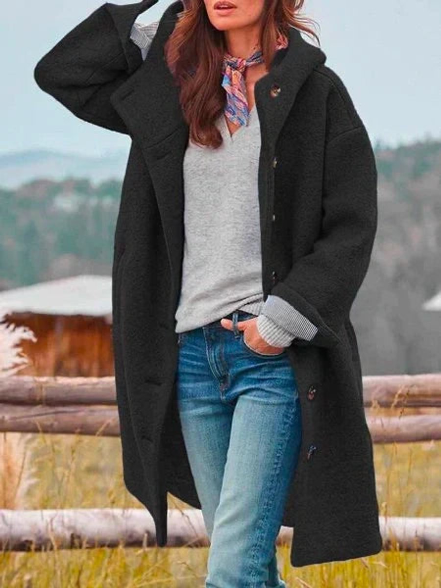 Women's Long Hood-Detail Fleece Coat – Black