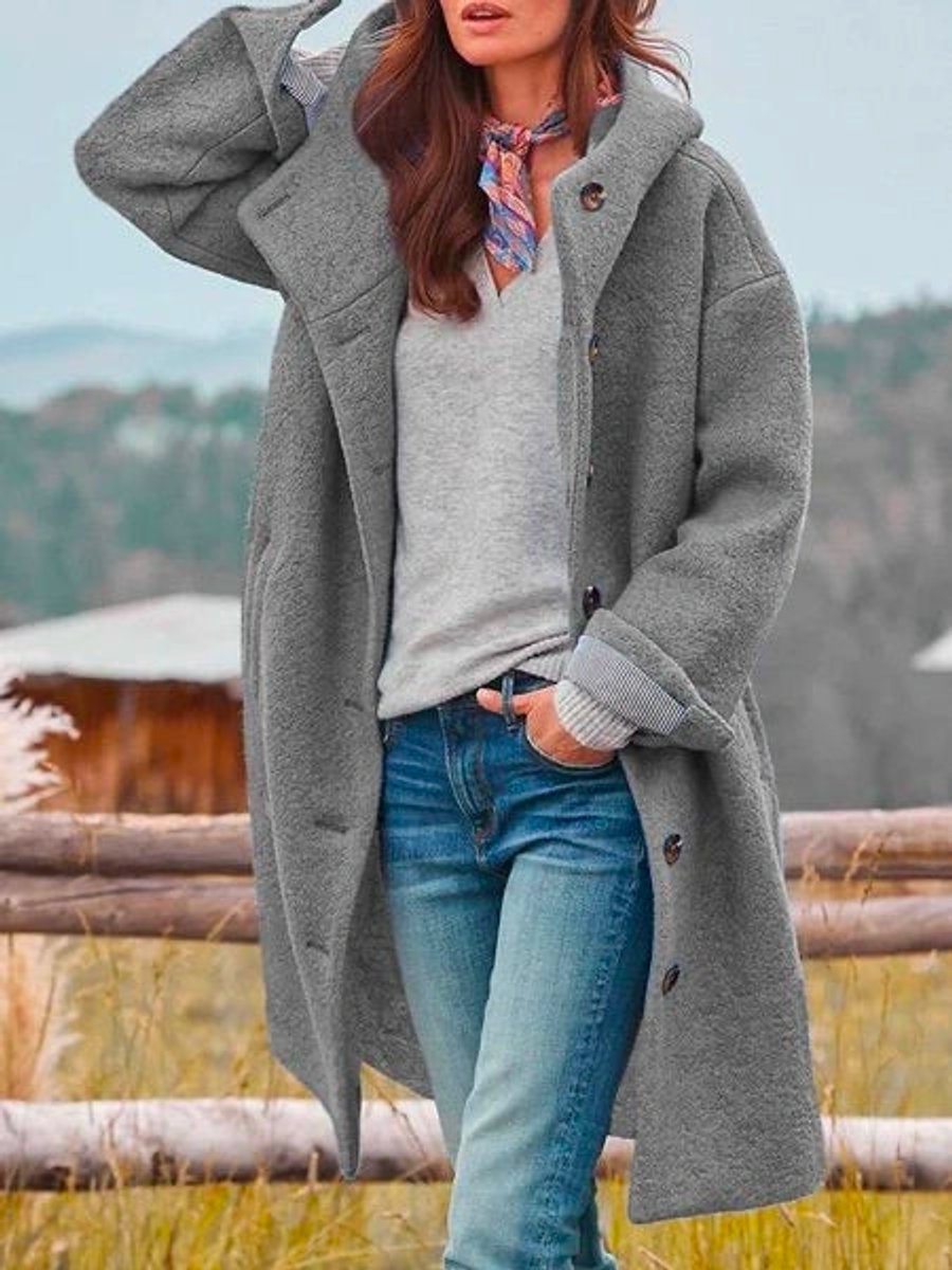 Women's Long Hood-Detail Fleece Coat – Gray