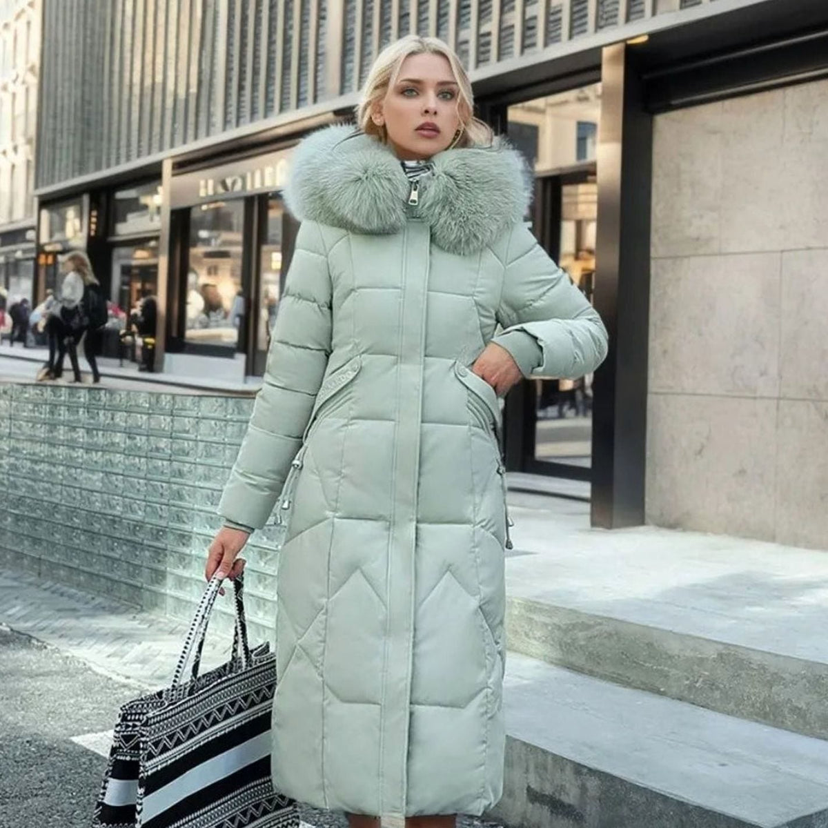 Women's Plush-Fur Trim Hood-Detail Knee-Length Coat – Green