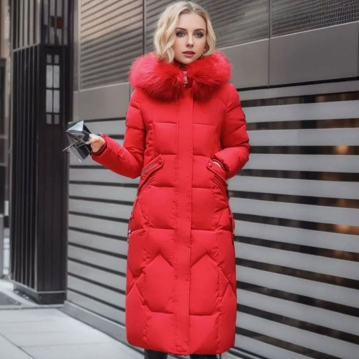 Women's Plush-Fur Trim Hood-Detail Knee-Length Coat – Red