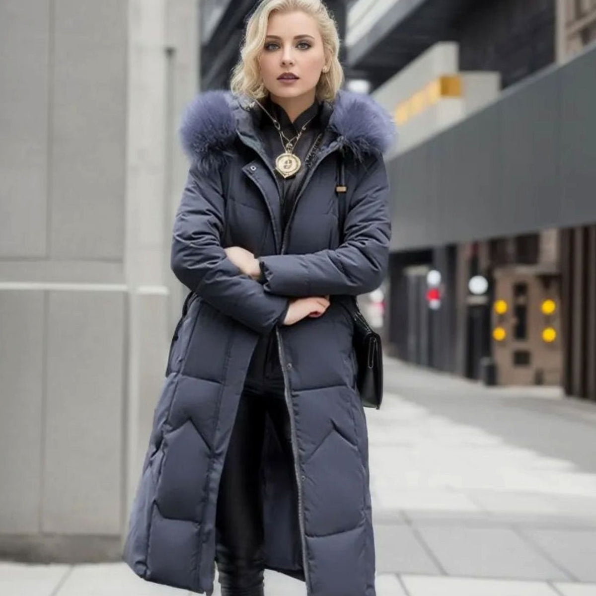 Women's Plush-Fur Trim Hood-Detail Knee-Length Coat – Gray