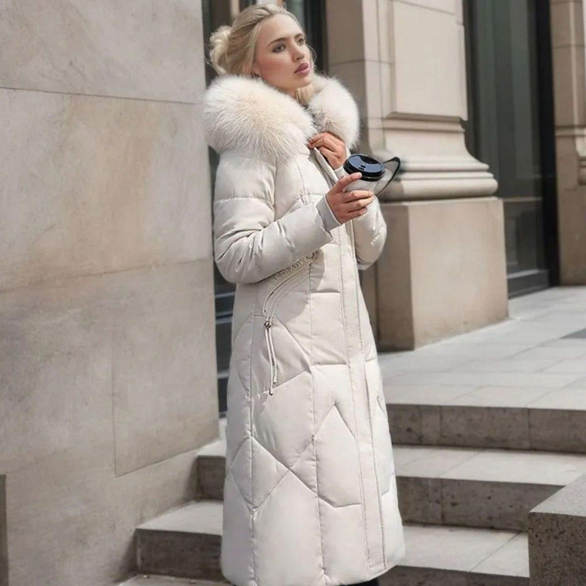 Women's Plush-Fur Trim Hood-Detail Knee-Length Coat – view 2
