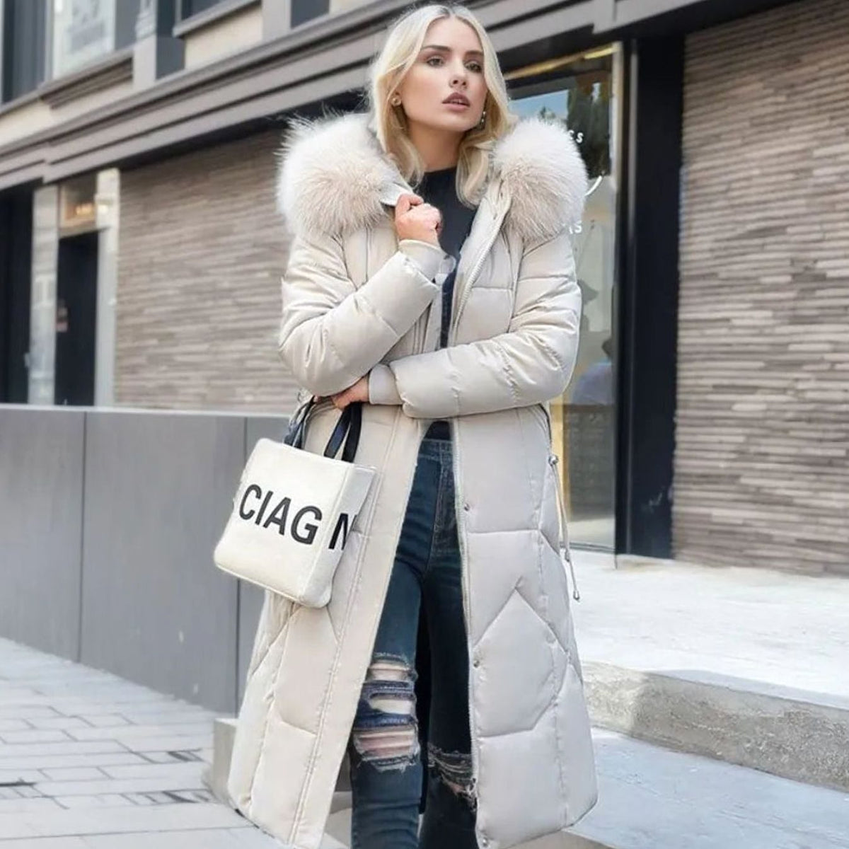 Women's Plush-Fur Trim Hood-Detail Knee-Length Coat – White