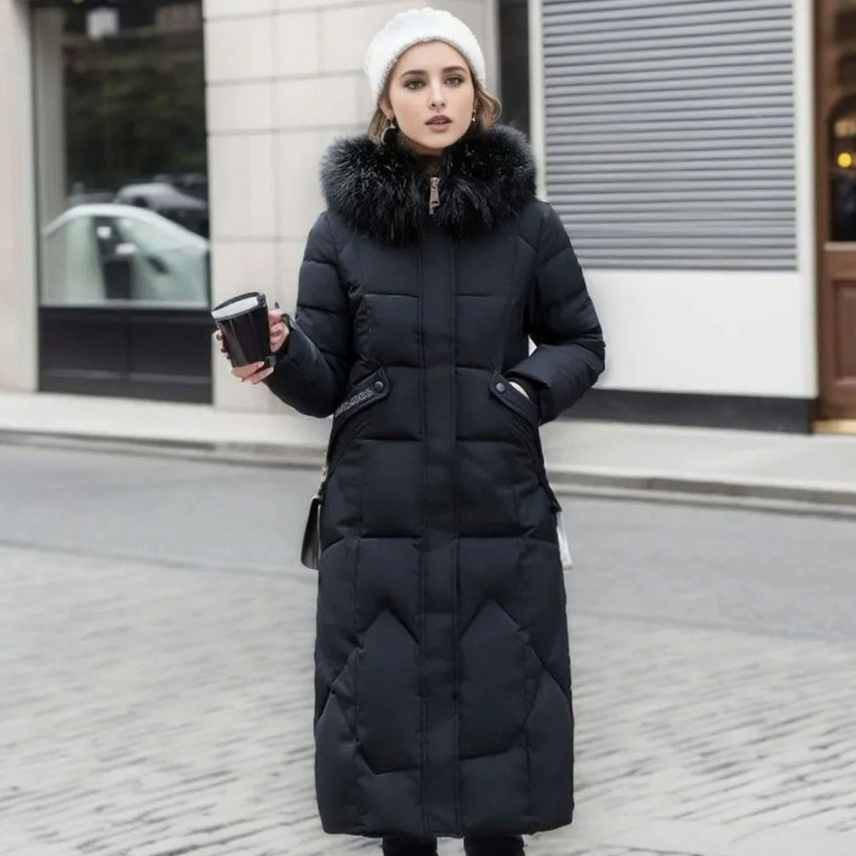 Women's Plush-Fur Trim Hood-Detail Knee-Length Coat – view 6