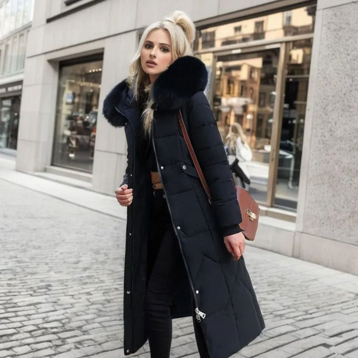 Women's Plush-Fur Trim Hood-Detail Knee-Length Coat – Black