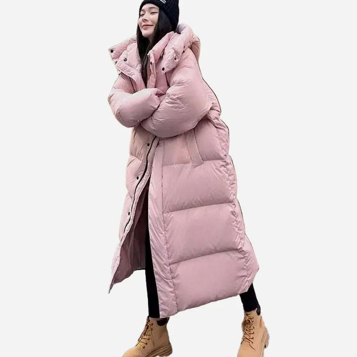 Women's Floor-Length Loose-Fit Puffer Coat with Hood – Pink