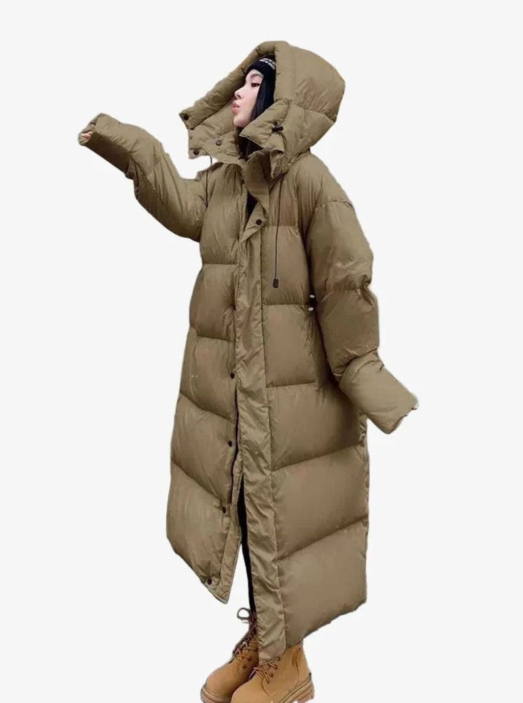 Women's Floor-Length Loose-Fit Puffer Coat with Hood – Khaki