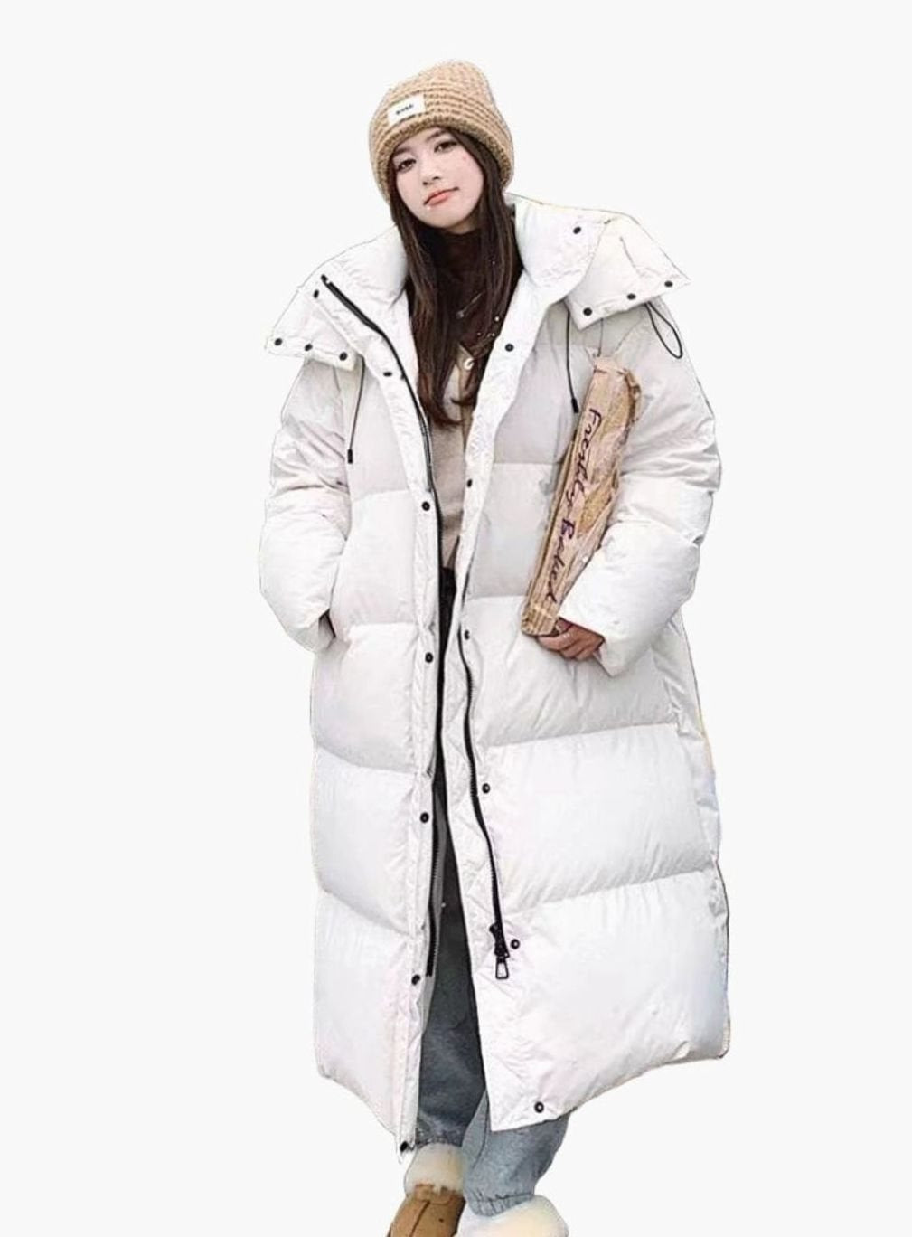 Women's Floor-Length Loose-Fit Puffer Coat with Hood – Beige