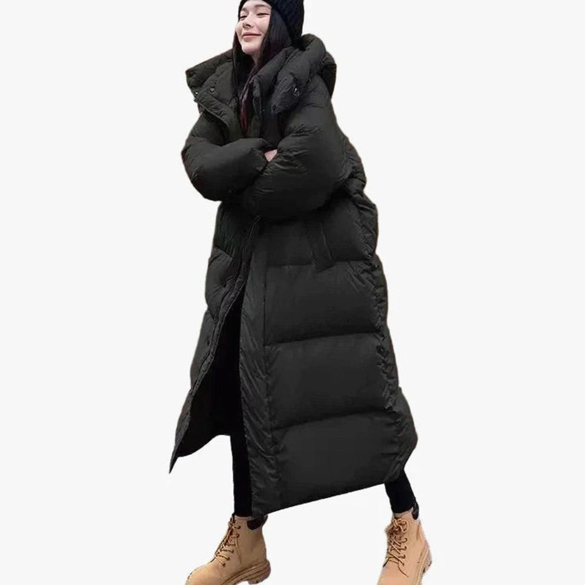 Women's Floor-Length Loose-Fit Puffer Coat with Hood – Black