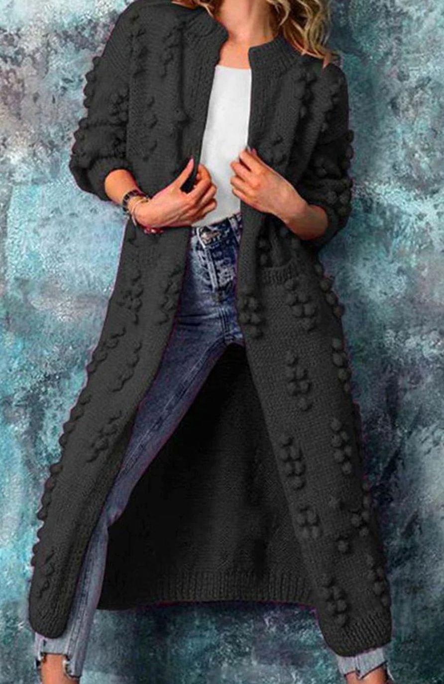 Women's Floor-Length Open-Style Pom-Pom Knit Cardigan – Black