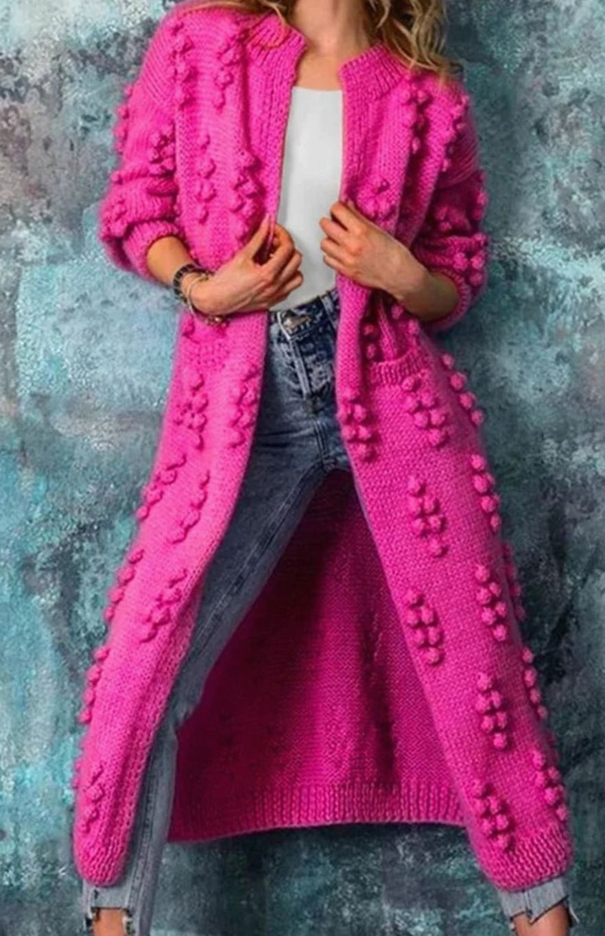 Women's Floor-Length Open-Style Pom-Pom Knit Cardigan – Pink